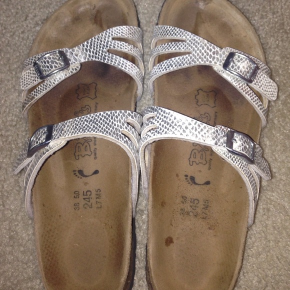 silver snake print leather birkies birkinstocks