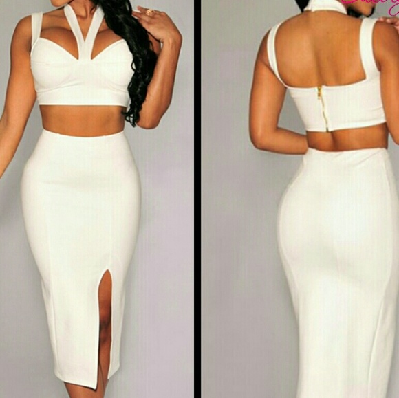 White Crop top Dress set