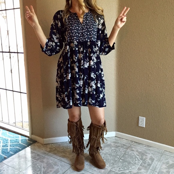 Navy Floral Print Peasant Dress LAST SMALL! - Picture 3 of 4