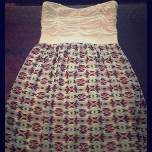 Strapless white and tribal print dress