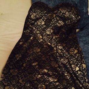 Black and gold lace strapless dress
