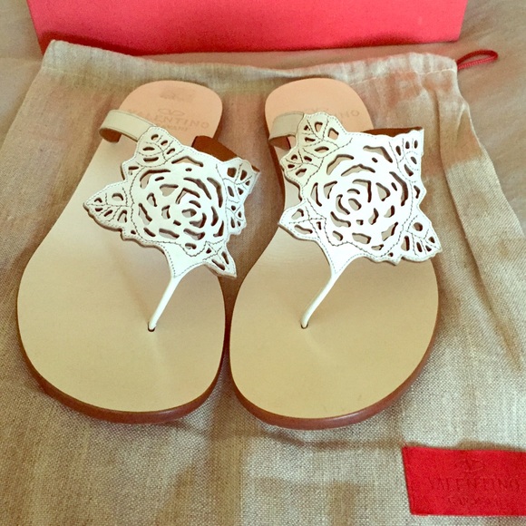 Valentino White Rose Flip Flops