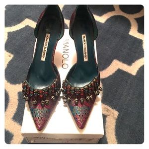 Manolo Blahnik brocade, Swarovski AMD pearl heels