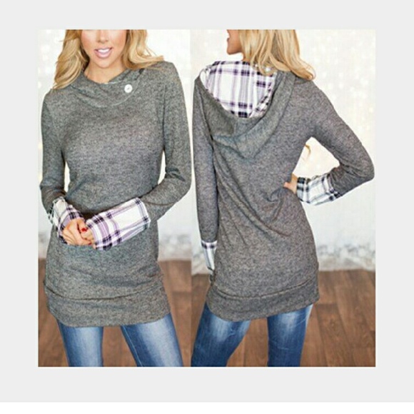 Sale! Hooded Grey Top with Plaid Accents