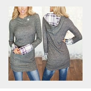 Sale! Hooded Grey Top with Plaid Accents
