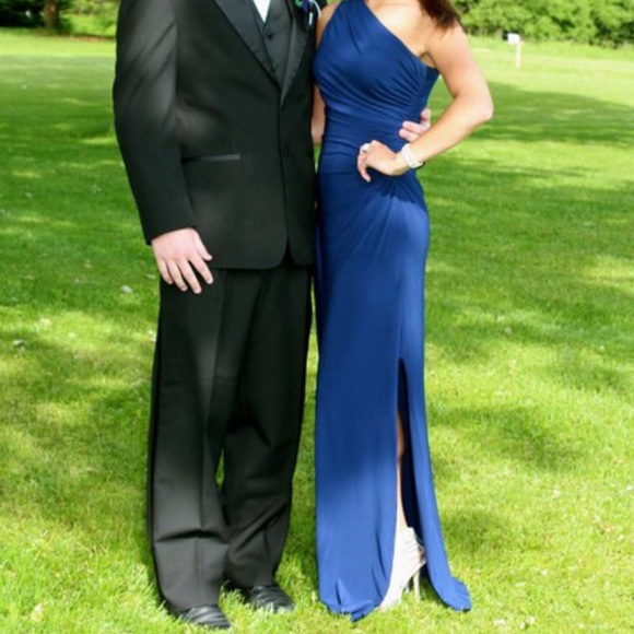 Blue prom dress one shoulder with side slit