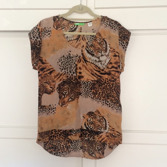 Tiger Patterned Short Sleeve Silk Blouse by BDG