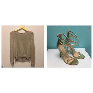 Gold strappy heels+ metallic sweater