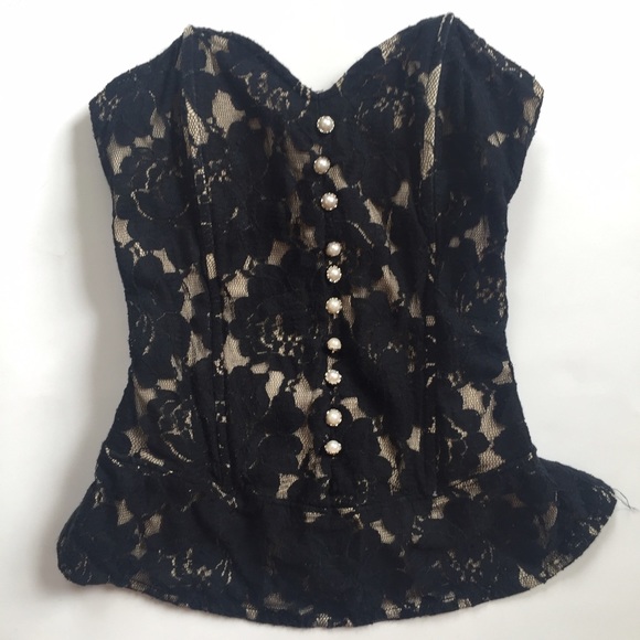 (SOLD) Black Lace Buttoned Corset Strapless Top - Picture 1 of 3