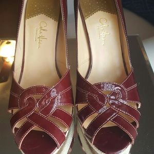 Cole Haan Raffia and patent leather peep toe heels