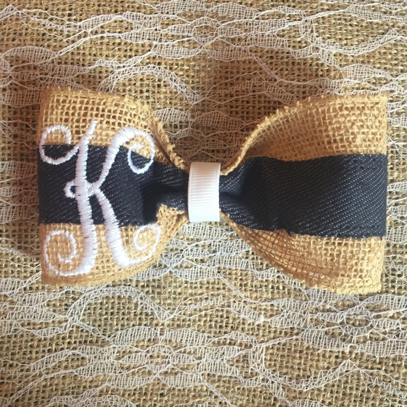 Monogrammed Monogram Burlap and Denim Hairbow Bow - Picture 2 of 2