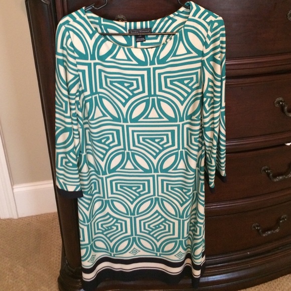 Navy, teal, and cream dress.