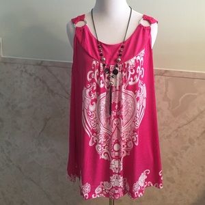 Pink Tank W/Silver Hoop Shoulders & Necklace 3x