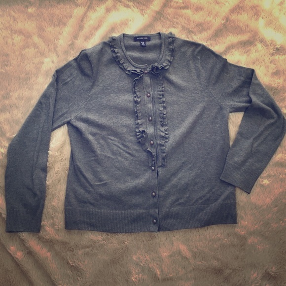 Lands' End ruffle front gray cardigan sweater - Picture 1 of 4
