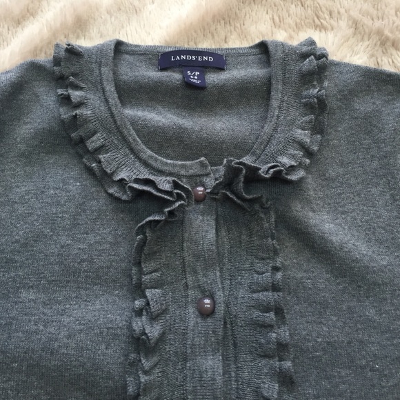 Lands' End ruffle front gray cardigan sweater - Picture 2 of 4