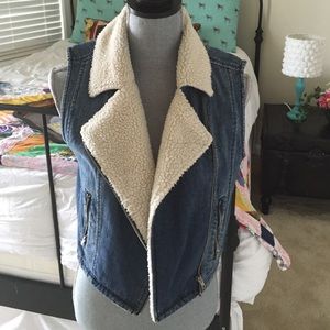 Faux Shearling Collared Denim Vest