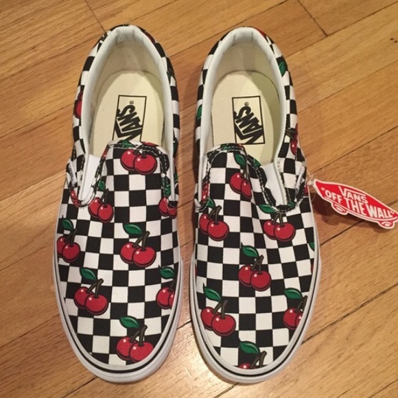 vans cherry checkered slip ons