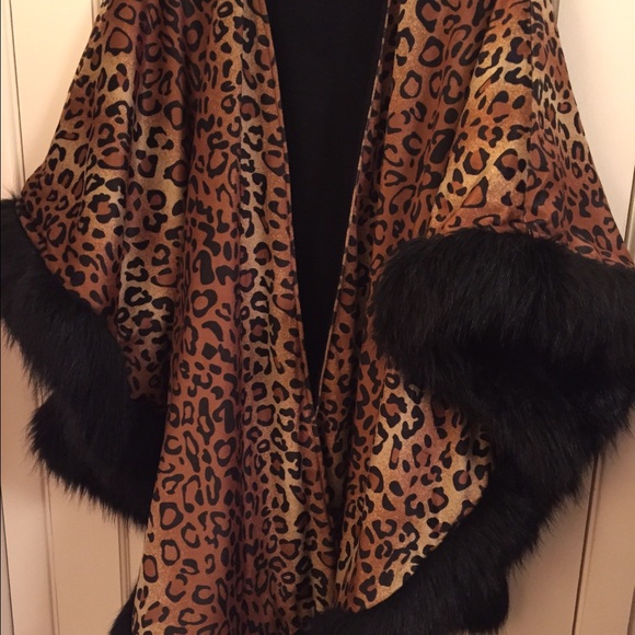 Joan Rivers Leopard Ruana with Faux Fur Trim