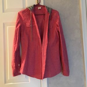 Red denim hooded jacket