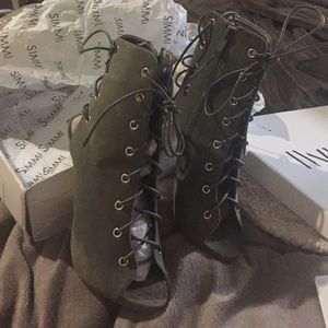 Lace up suede camo green bootie heels