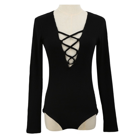 *Sold* Black ribbed lace up bodysuit - Picture 3 of 4