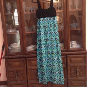 Long blue, black and green dress