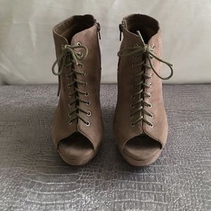 Suede Lace Up Peep Toe Wedge Booties w/ Cut Outs