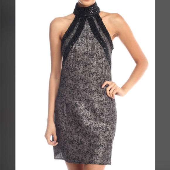 Black Sequin Accent Halter Dress
