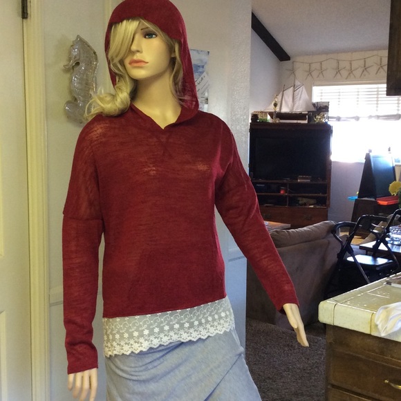 Sheer hoodie sweater with lace trim