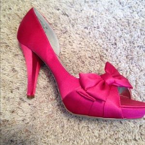Pink satin peep toe heels with bow