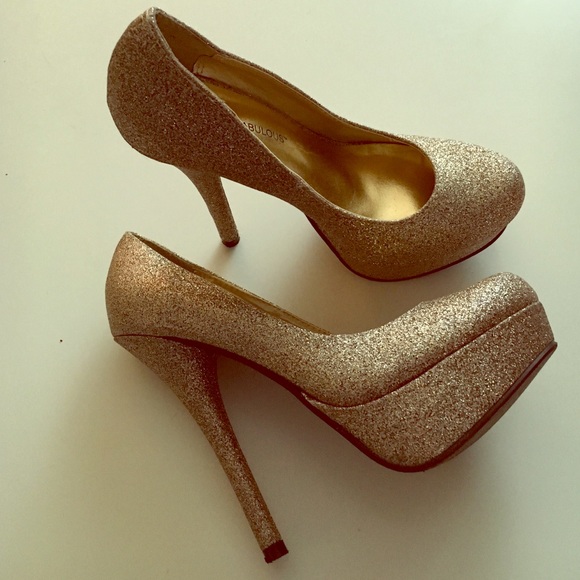 5" gold glitter platform stilettos!!