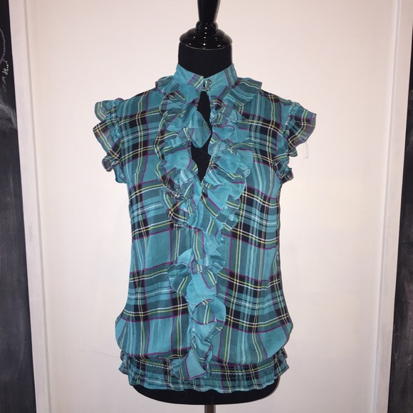 Cute sheer turquoise plaid top