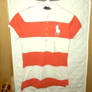Women's new orange and white striped Polo