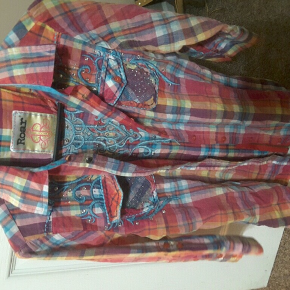 Roar plaid multicolor button down top size L