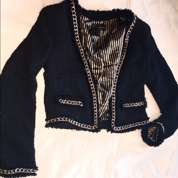 Cropped black/shimmer tweed with gold chain trim