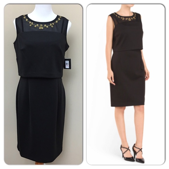 Ellen Tracy Black Beaded Popover Dress- New w/Tags