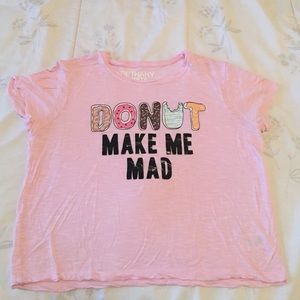 Pink "Donut 🍩 make me mad" crop top.