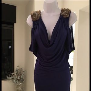 Navy Blue Dress with Fur and Bead detail. Size S