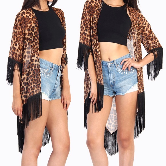 Leopard fringe kimono