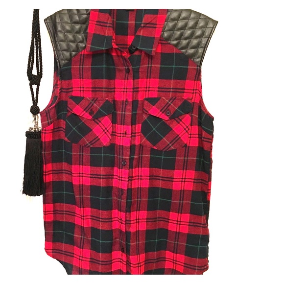 Leather shouldered plaid tank
