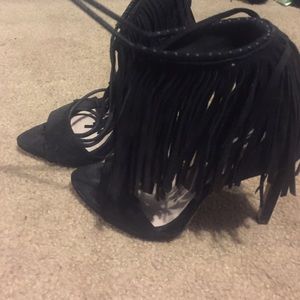 Black fringe suede heels