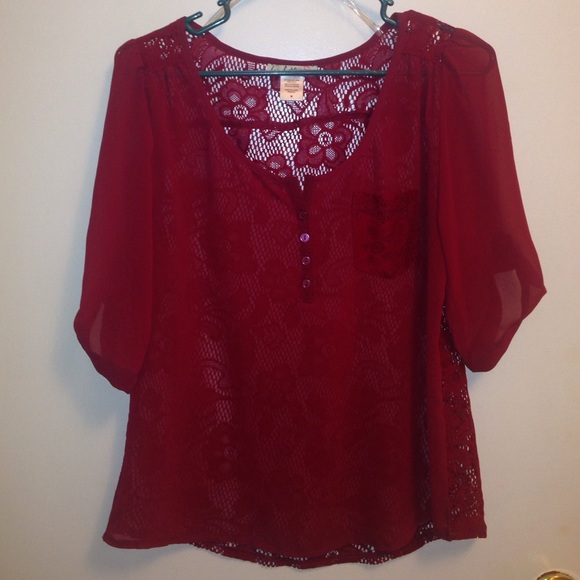 red silky lace back shirt