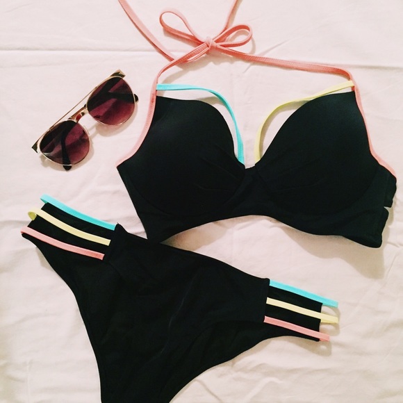 Push-up Black Bikini Top & Bottom with Neon Straps