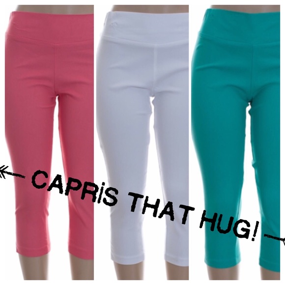 STRETCHY CAPRI PANTS! TEAL, CORAL, WHITE OR BLACK! - Picture 2 of 3