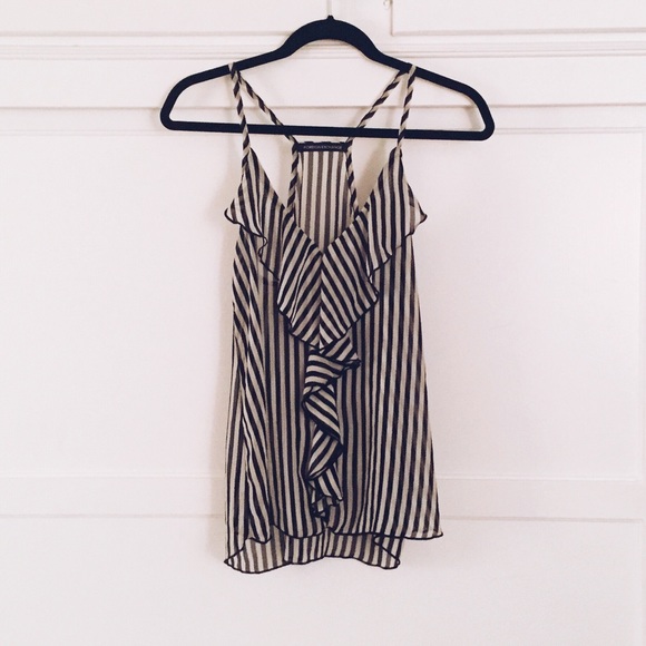 Black and White Stripe Ruffle Sheer Tank