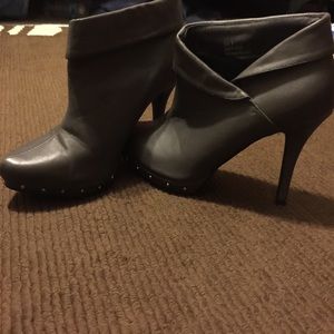 Maurice's bootie heels gray with silver studs.