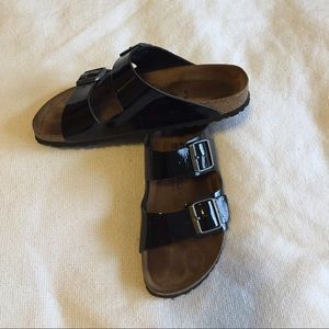 Black patent leather Birkenstock sandals