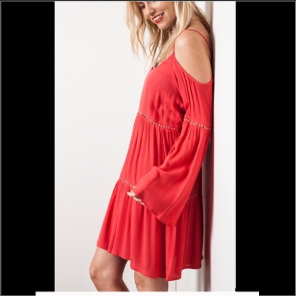 Coral Boho Cold Shoulder Dress - Picture 2 of 4