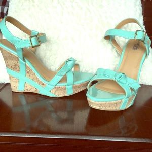 Aqua patent leather wedge