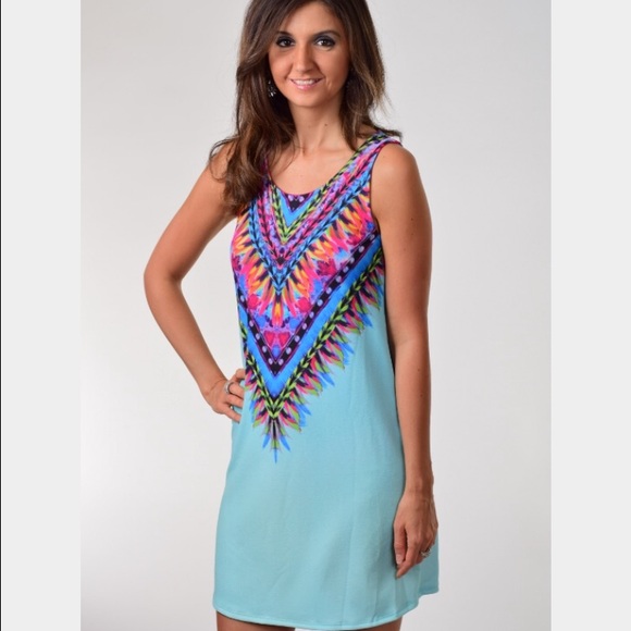 Mint Tunic Dress with Colorful Aztec Print